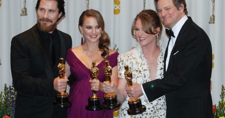 Vítězové v hereckých kategoriích v roce 2011 (zleva Ch. Bale, N. Portman, M. Leo a C. Firth